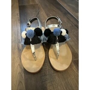 Rebecca Minkoff Estelle Sandal Pom Pom Tassel T Strap Slide Flat Buckle Size 6